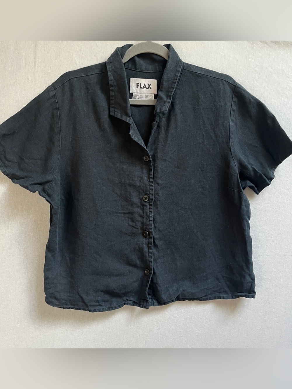 FLAX 100 Percent Linen Short Sleeve Button Front Shirt Black Size M